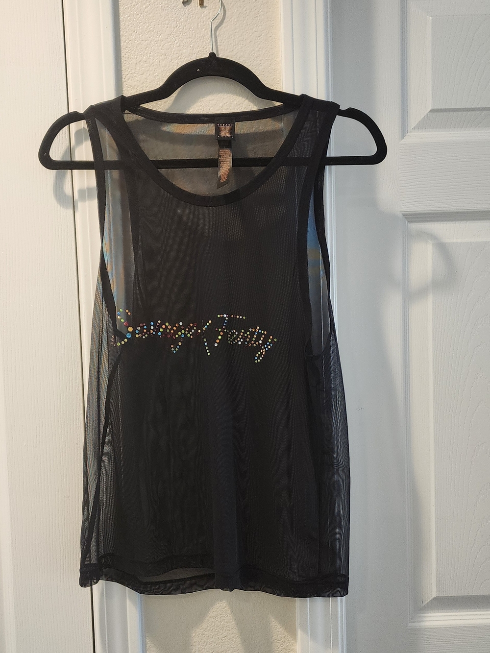 Savage X Fenty Black Mesh Tank with Multicolor Rhinestone Logo